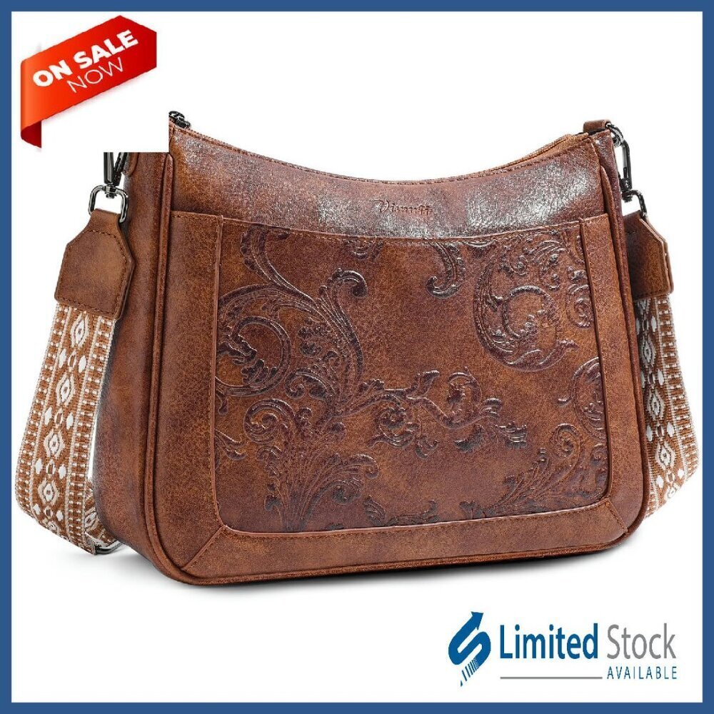 Vegan Leather Crossbody Bag with Embossed Flower Design & Adjustable Strap